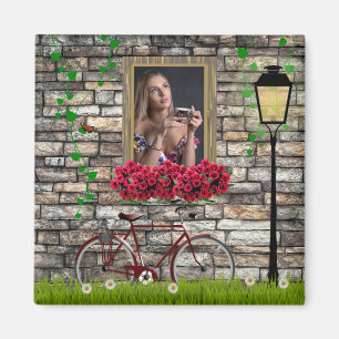 Antikes Märchen-Fahrrad-Rosen Mädchen-Foto-Rahmen Magnet