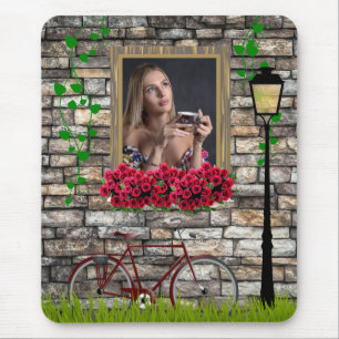 Antikes Märchen-Fahrrad-Rosen Mädchen-Foto-Rahmen Mousepad