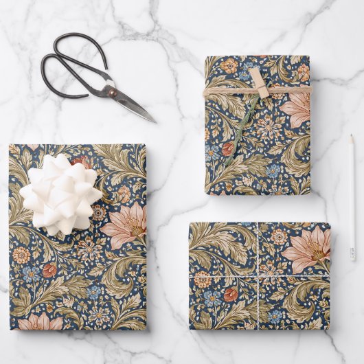 Antikes Marineblau-Blumenmuster Geschenkpapier Set (Vorderseite)