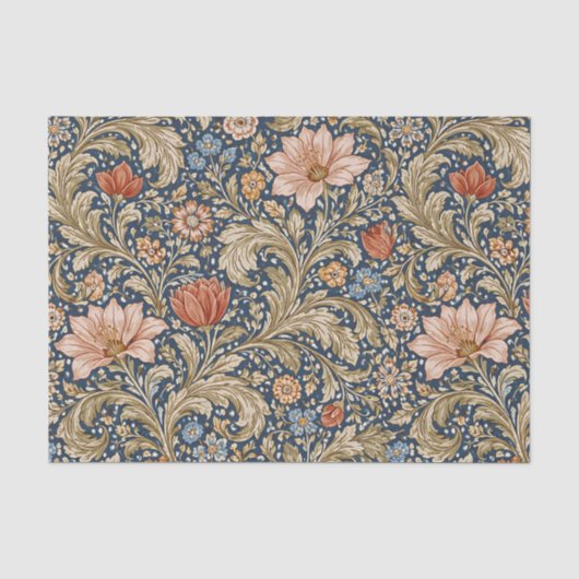 Antikes Marineblau-Blumenmuster Seidenpapier (Vorderseite)