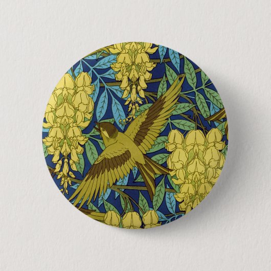 Antikes Marineblau-Vogel- und Gelb-Blumenmuster Button (Vorderseite)
