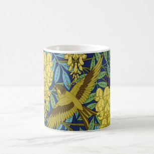 Antikes Marineblau-Vogel- und Gelb-Blumenmuster Kaffeetasse