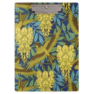 Antikes Marineblau-Vogel- und Gelb-Blumenmuster Klemmbrett