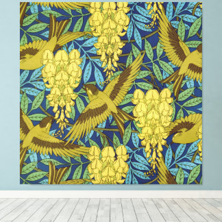 Antikes Marineblau-Vogel- und Gelb-Blumenmuster Leinwanddruck