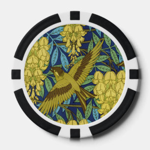 Antikes Marineblau-Vogel- und Gelb-Blumenmuster Pokerchips