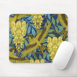 Antikes Marineblau-Vogel- und gelbes Blumenmuster Mousepad