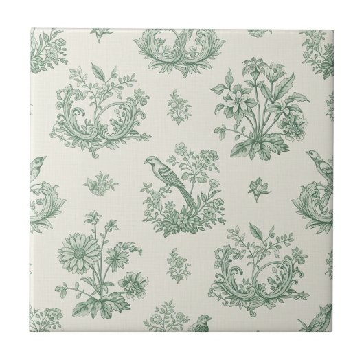 Antikes Mintgrün-Vogel-Toile-Blumenmuster Fliese (Vorderseite)