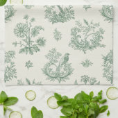 Antikes Mintgrün-Vogel-Toile-Blumenmuster Geschirrtuch (Gefaltet)