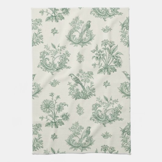 Antikes Mintgrün-Vogel-Toile-Blumenmuster Geschirrtuch (Vertikal)