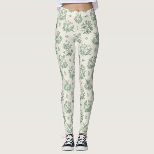 Antikes Mintgrün-Vogel-Toile-Blumenmuster Leggings (Vorderseite)