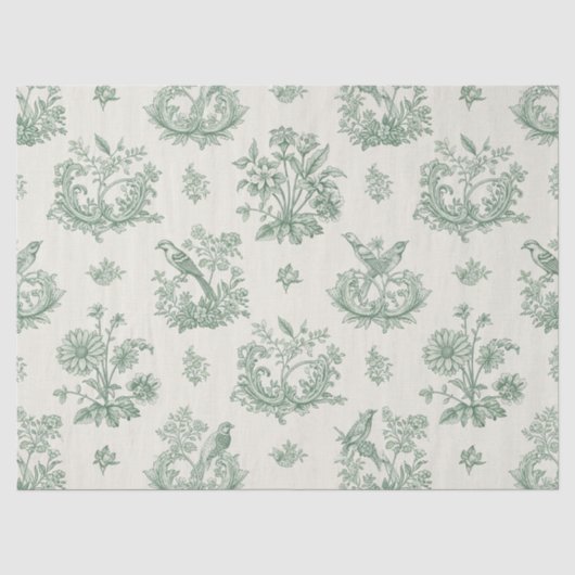 Antikes Mintgrün-Vogel-Toile-Blumenmuster Seidenpapier (Vorderseite)