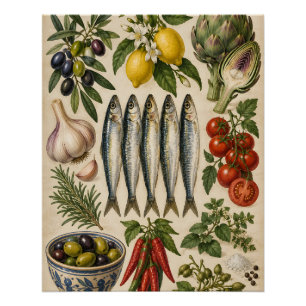 Antikes Mittelmeer-Essen & Sardinen-Küchenposter Poster