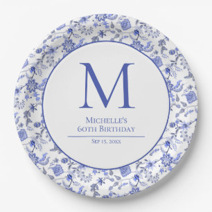 Antikes Monogramm Blau Weiße Florale Geburtstagsfe Pappteller