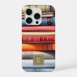 Antikes Monogramm mit Wasserfarben-Bücherstapel iPhone 15 Pro Hülle