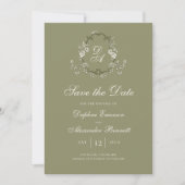 Antikes, monogrammgeprägtes, salbeigrünes Botanikm Save The Date (Vorderseite)