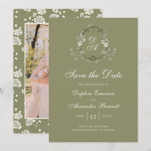Antikes, monogrammgeprägtes, salbeigrünes Botanikm Save The Date