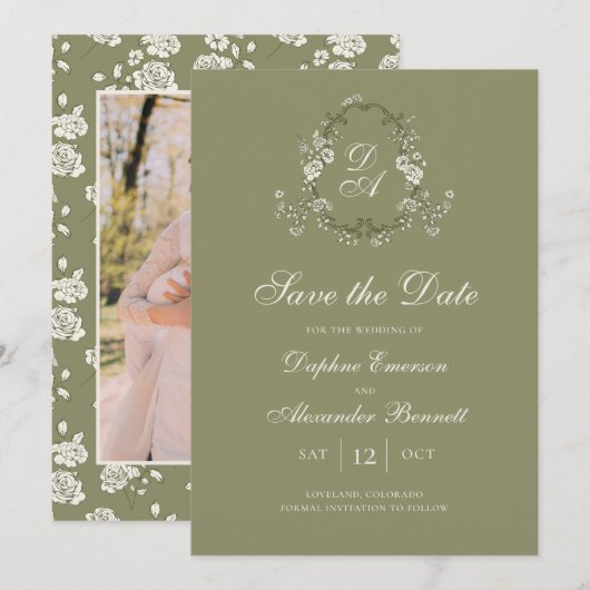 Antikes, monogrammgeprägtes, salbeigrünes Botanikm Save The Date (Vorne/Hinten)