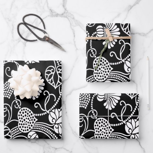 Antikes Muster Schwarz auf Weiß Geschenkpapier Set (Vorderseite)