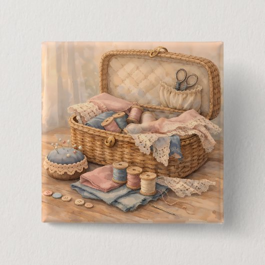 Antikes Nähkörbchen Landhausstil Pastell Button (Vorderseite)