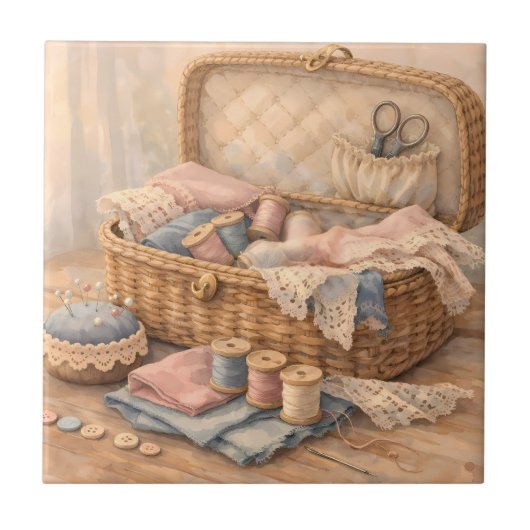 Antikes Nähkörbchen Landhausstil Pastell Fliese (Vorderseite)