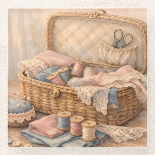 Antikes Nähkörbchen Landhausstil Pastell Glasuntersetzer (Vorderseite)