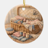 Antikes Nähkörbchen Landhausstil Pastell Keramik Ornament (Vorne)