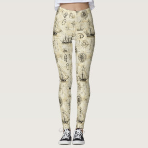 Antikes nautisches Kartenmuster mit Schiffen und K Leggings