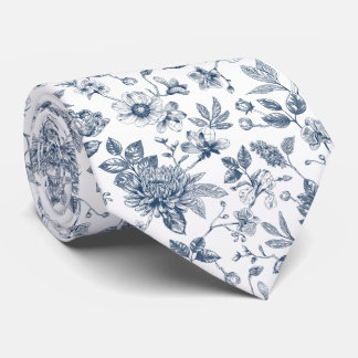 Antikes Navy-Blau-Blumen-Toile-De-Jouy-Muster Krawatte