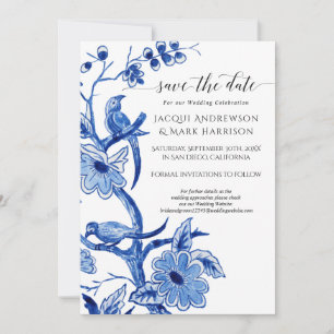 Antikes Navy Blau Weiss Chinoiserie Blumenmuster Save The Date