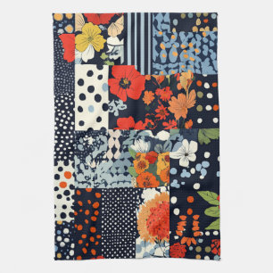 Antikes Navy-Korallen-Blumen-Patchwork-Quilt Geschirrtuch