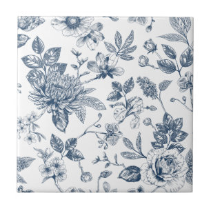 Antikes Navyblau-Blumen-Toile-De-Jouy-Muster Fliese
