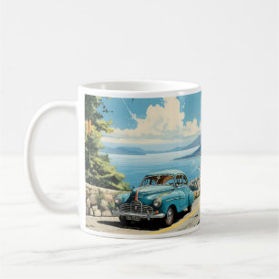 Antikes Ölbild von altem Auto und Stadt Kaffeetasse