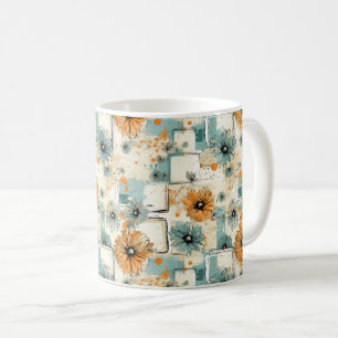 Antikes Orange Blau Botanisches Florales Creme Kaffeetasse