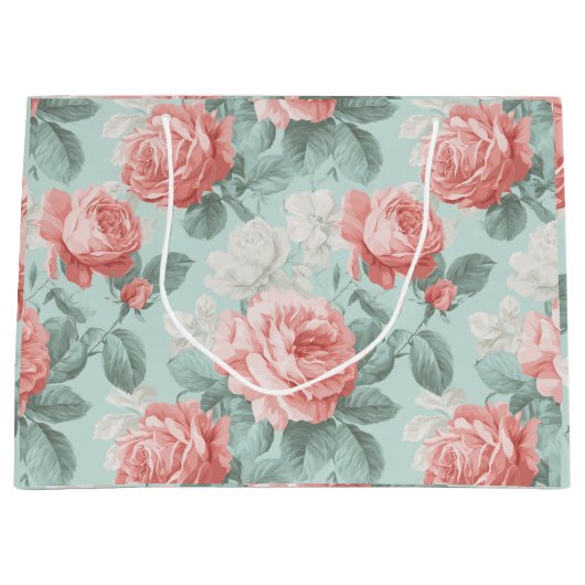 Antikes Pastell-Rosa-Mint-Blumenmuster Große Geschenktüte (Vorderseite)