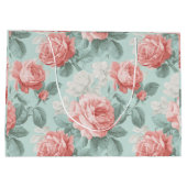 Antikes Pastell-Rosa-Mint-Blumenmuster Große Geschenktüte (Rückseite)