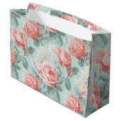 Antikes Pastell-Rosa-Mint-Blumenmuster Große Geschenktüte (Rückseite Schrägansicht)