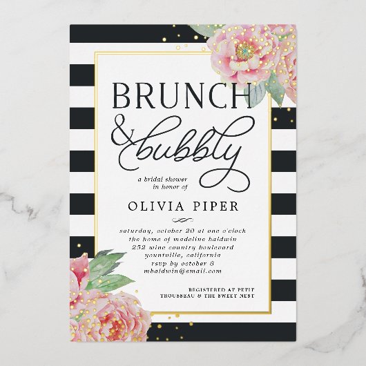 Antikes Peony Brunch & Bubbly Brautparty Folieneinladung (Vorderseite)
