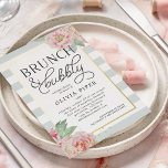 Antikes Peony Brunch & Bubbly Brautparty Folieneinladung<br><div class="desc">Stilvolle Brautdusche mit rosafarbenen Aquarellbeinen und schlanke grüne gestreifte Unterlage mit "Brunch and bubbly" und Brautparty-Details in der Mitte. Die Goldfolienbespannung rundet das Design ab.</div>