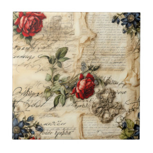 Antikes Pergament-Liebesbrief mit Blumen Fliese
