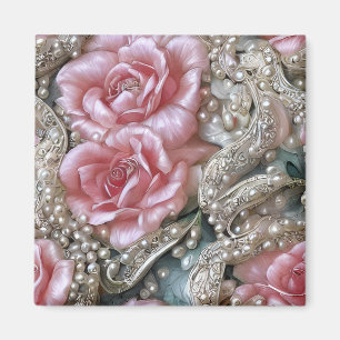 Antikes Perlen und rosa Rosen Muster Magnet
