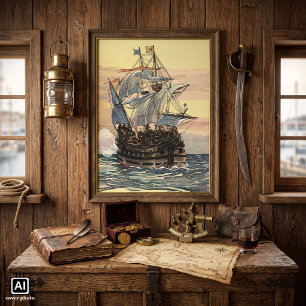 Antikes Piratenschiff, Galleone segeln auf dem Oze Poster