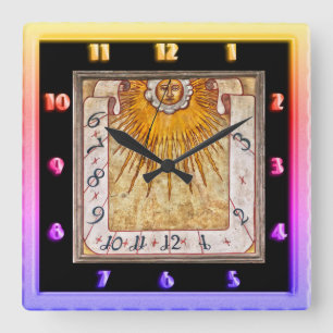 Antikes prähistorisches Sonnenrad mit einem Gesich Quadratische Wanduhr