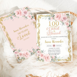Antikes Rosa Blütenmuster 100. Geburtstag Geliebt Einladung