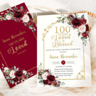 Antikes Rosa Burgunder Blumen 100. Geburtstag Geli Einladung