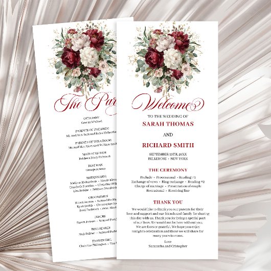 Antikes Rosa-Burgunder-Hochzeitsprogramm mit Blume Programm