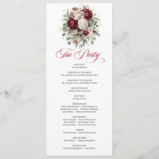 Antikes Rosa-Burgunder-Hochzeitsprogramm mit Blume Programm (Rückseite)