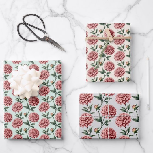 Antikes rosa Dahlien-Blumenmuster Geschenkpapier Set (Vorderseite)
