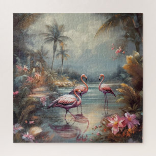 Antikes rosa Flamingo-Tropenparadies-Kunstwerk Puzzle