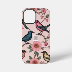Antikes rosa florales Vögel botanisches Monogramm iPhone 12 Mini Hülle