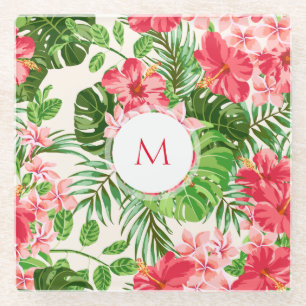 Antikes rosa Hibiskus-Blumen-Monogramm Glas C Glasuntersetzer